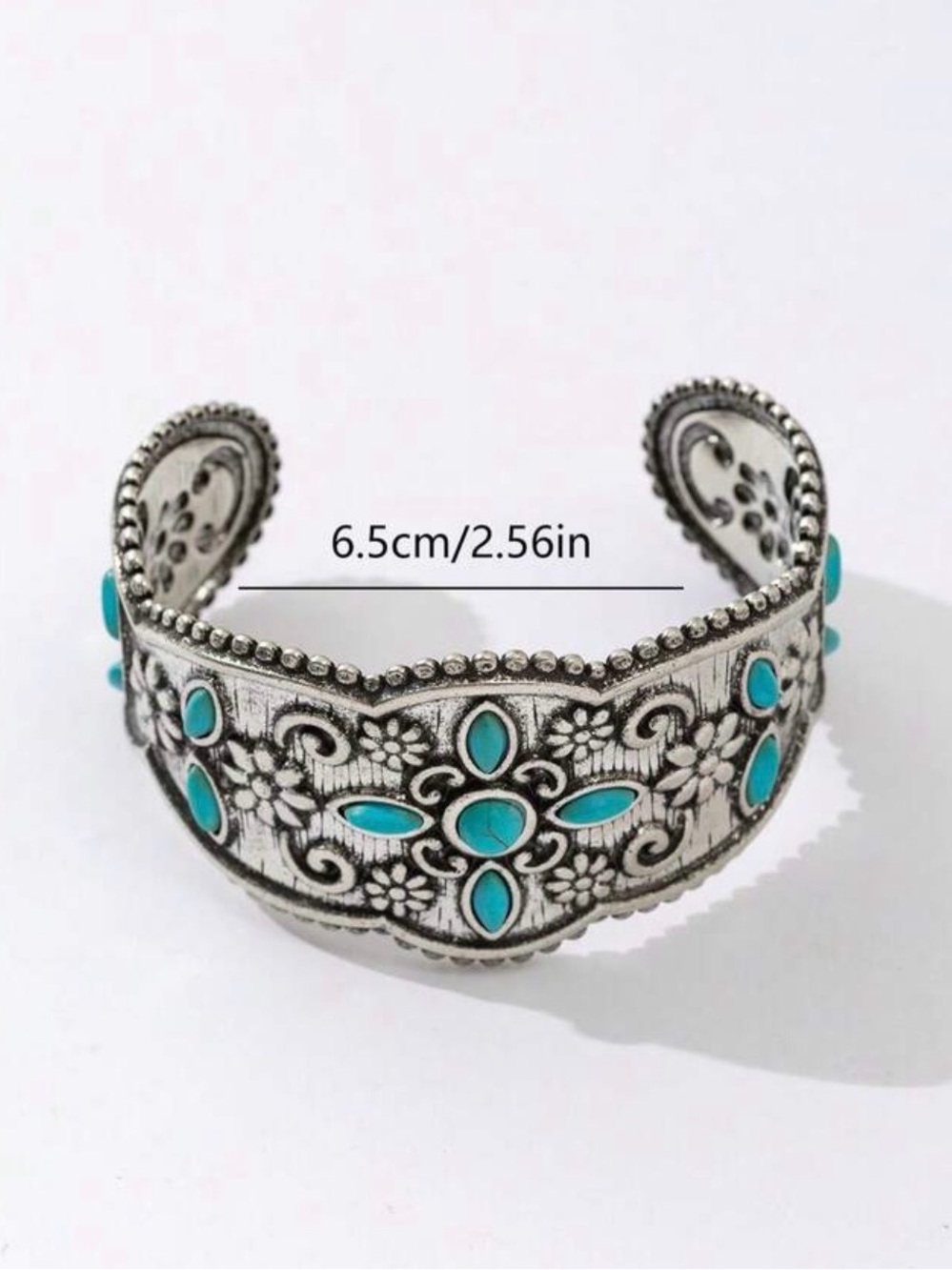 Turquoise Floral Silver-Tone Cuff Bracelet
